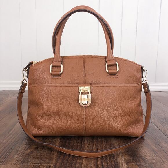 Calvin Klein Pebbled Leather Satchel Bag Dual Handle Exterior Pockets Brown Gold - Picture 2 of 16